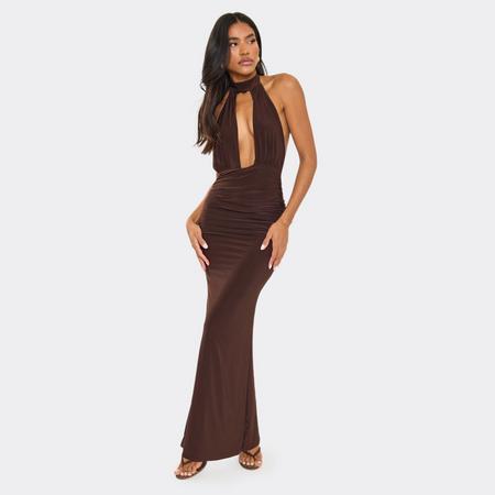 High Neck Plunge Cut Out Front Detail Ruched Maxi Dress In Brown, Women's Size