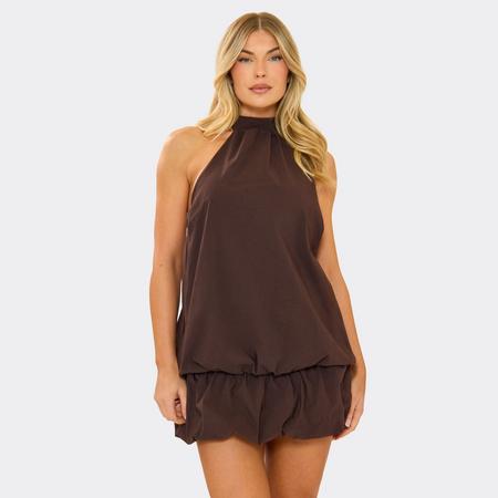 High Neck Sleeveless Puffball Mini Dress In Chocolate Brown, Women's Size