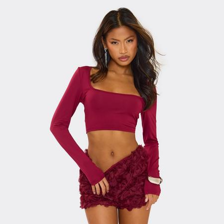Long Sleeve Square Neck Slinky Crop Top And Textured Floral Hot Pants In Burgundy, Women's Size