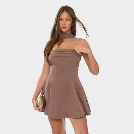Scarf Detail Bandeau A Line Mini Dress In Chocolate Brown Woven, Women's Size