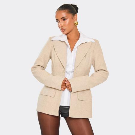 Long Sleeve Ced Waist Shaped Hip Detail Wool Look Blazer In Beige, Women's Size
