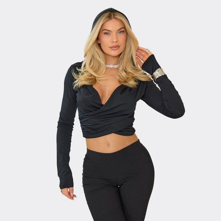 Long Sleeve Cowl Hooded Crop Top In Black, Women's Size