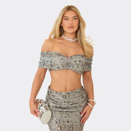 Bardot Ruched Detail Crop Top In Taupe Sequin, Women's Size