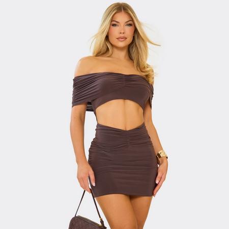 Bardot Ruched Cut Out Detail Mini Dress In Chocolate Brown, Women's Size