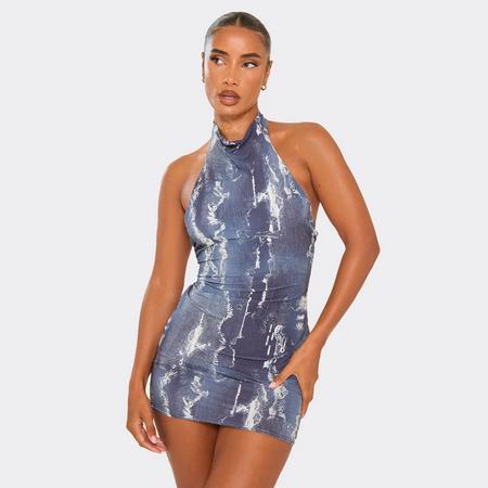 High Neck Bodycon Mini Dress In Blue Abstract Print, Women's Size