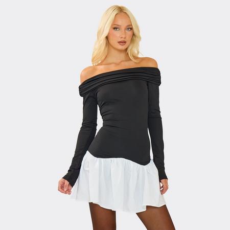 Bardot Long Sleeve Contrast Pleated Mini Dress In Black, Women's Size
