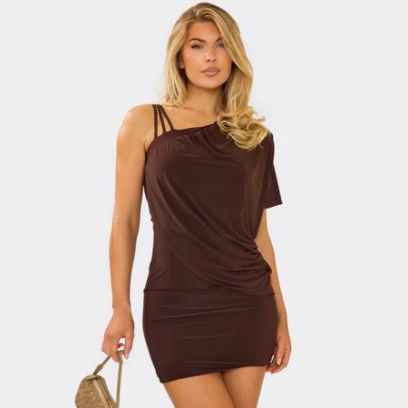 Strappy One Shoulder Drape Detail Mini Dress In Chocolate Brown, Women's Size