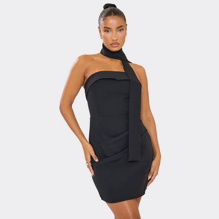 Scarf Detail Fold Over Bandeau Tailored Mini Dress In Black, Women's Size