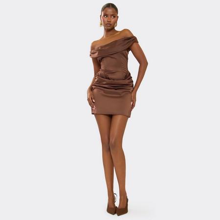 Bardot Drape Detail Mini Dress In Chocolate Brown Satin, Women's Size