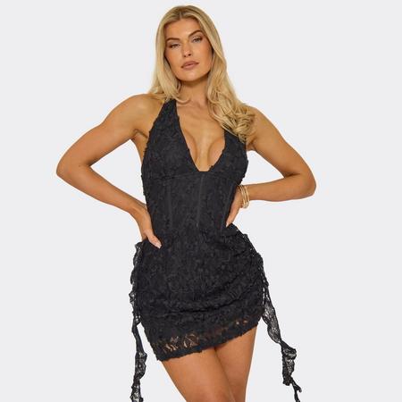 Halterneck Corset Drape Detail Mini Skater Dress In Black Texture, Women's Size