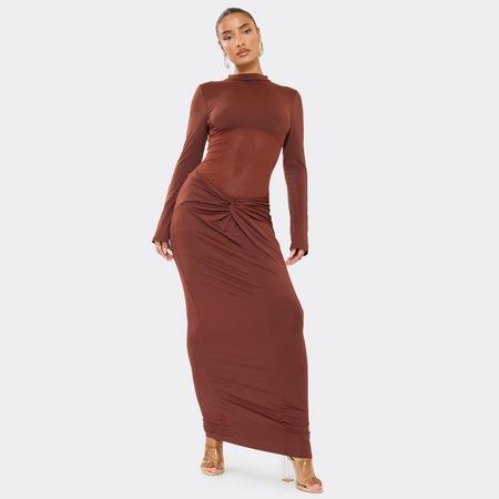 High Neck Twist Detail Maxi Dress In Chocolate Brown, Women's Size