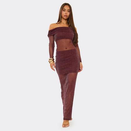 Foldover Bardot Long Sleeve Maxi Dress In Chocolate Brown, Women's Size