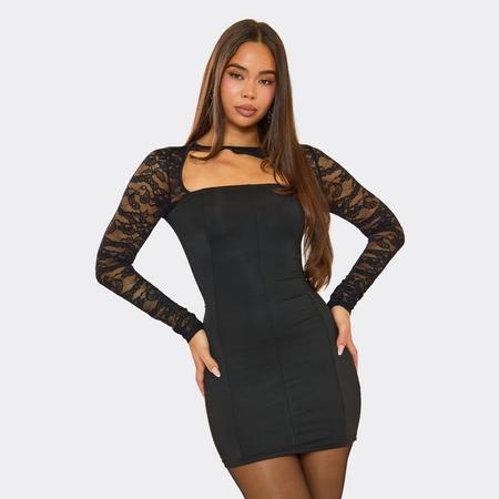 Long Sleeve Lace Cut Out Detail Mini Dress In Black, Women's Size