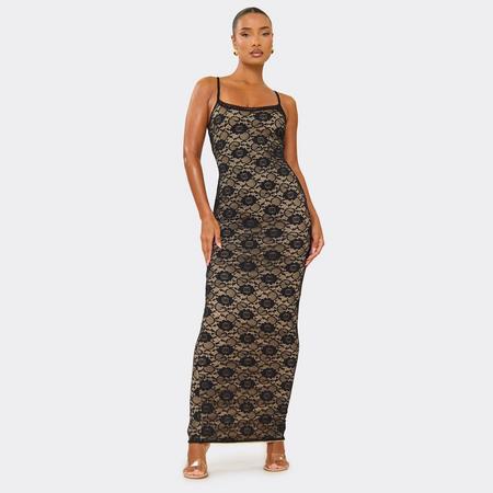 Strappy Scoop Neck Maxi Dress In Black Lace, Women's Size
