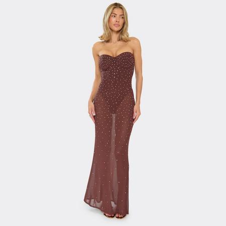 Diamante Corset Bodysuit Detail Maxi Dress In Chocolate Brown, Women's Size