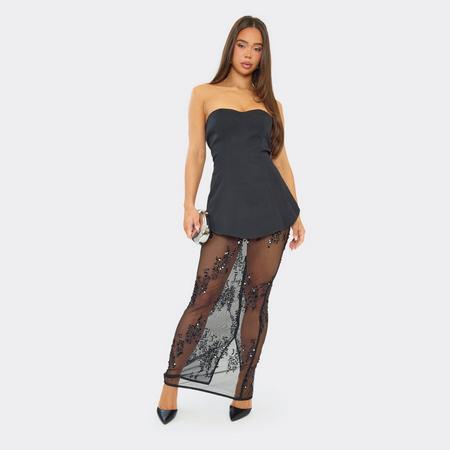 Bandeau Tailored Contrast Lace Sequin Skirt Detail Maxi Dress In Black, Women's Size