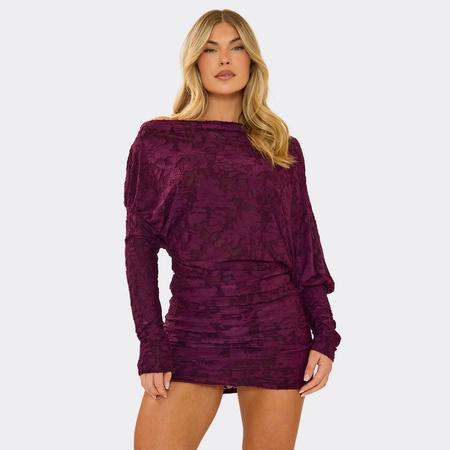 Off The Shoulder Blouson Detail Mini Dress In Plum Devore, Women's Size