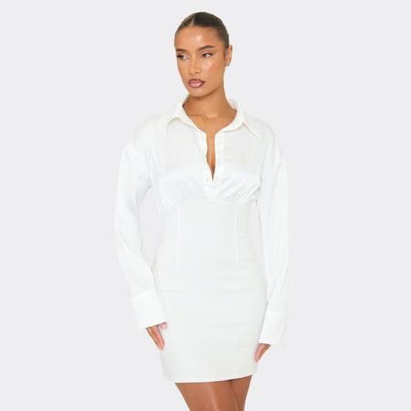 Long Sleeve Button Front Ced Detail Shirt Dress In White, Women's Size
