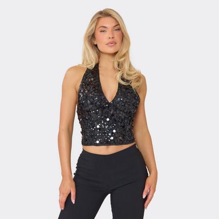 Halterneck Plunge Crop Top In Black Sequin, Women's Size