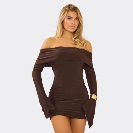 Bardot Fold Over Flared Sleeve Mini Dress In Chocolate Brown, Women's Size