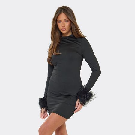 Long Sleeve High Neck Feather Cuff Mini Dress In Black, Women's Size