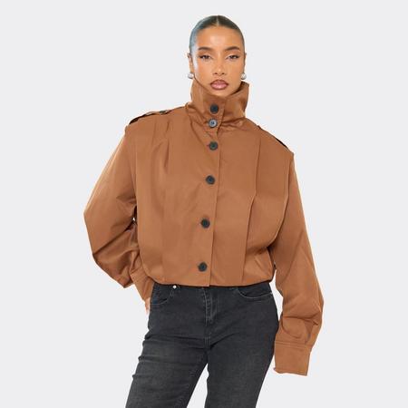 Button Down Pleated Detail Cropped Trench Coat In Brown, Women's Size