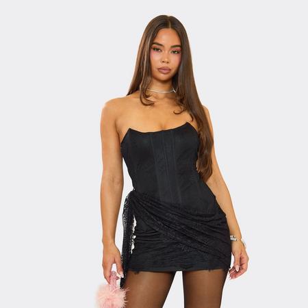 Bandeau Corset Drape Detail Mini Dress In Black Lace, Women's Size