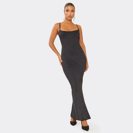 Strappy Scoop Neck Split Leg Diamante Maxi Dress In Black, Women's Size