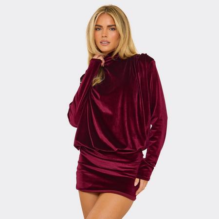 High Neck Shoulder Pad Long Sleeve Blouson Detail Mini Dress In Burgundy, Women's Size