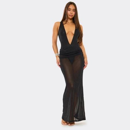 Plunge Bodysuit And Asymmetric Ruched Maxi Skirt Co-Ord Set In Sheer Black Glitter Mesh, Women's Size