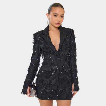 Ced Waist Tassel Sequin Detail Blazer In Black, Women's Size