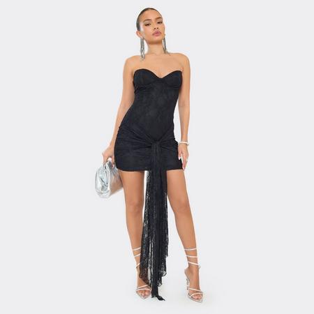 Bandeau Underwire Drape Detail Mini Dress In Black Lace, Women's Size