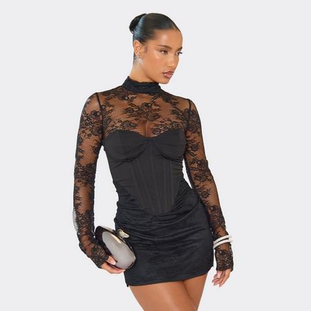 High Neck Long Sleeve Lace Detail Corset Overlay Mini Dress In Black, Women's Size