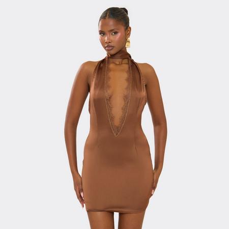 Scarf Detail Lace Trim Plunge Detail Mini Dress In Brown Satin, Women's Size