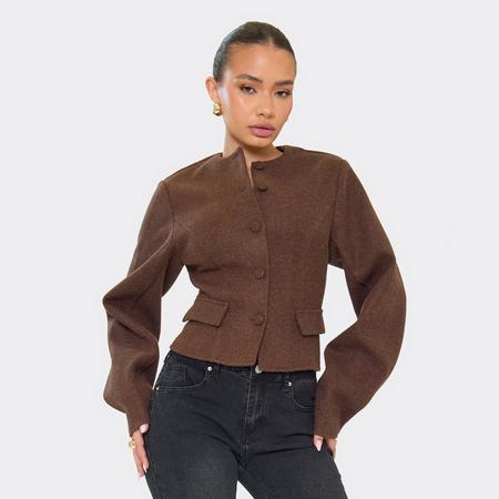 Crew Neck Button Front Wool Look Ced Blazer In Chocolate Brown, Women's Size