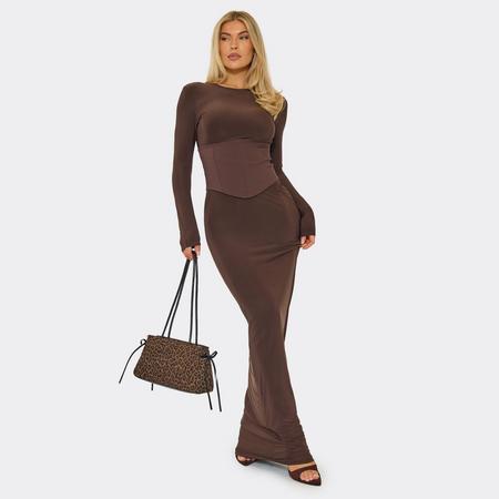 Long Sleeve Corset Detail Fitted Maxi Dress In Chocolate Brown Slinky, Women's Size