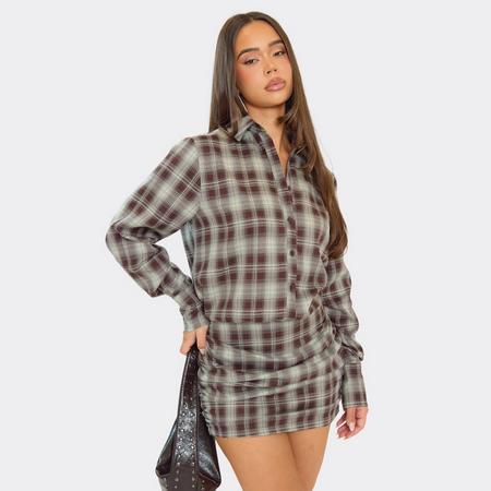 Ruched Side Mini Shirt Dress In Grey Check Print, Women's Size