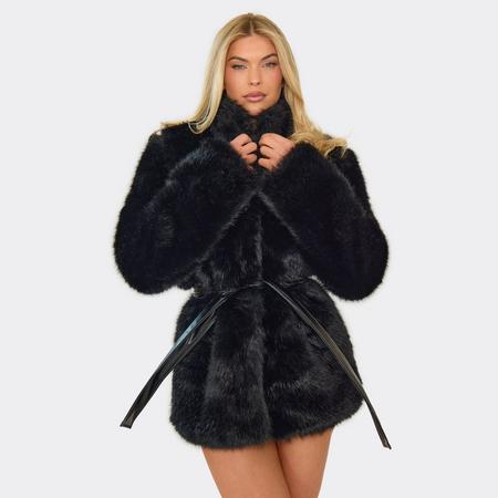High Neck Tie Waist Coat In Black Faux Fur, Women's Size