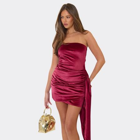 Bandeau Side Drape Mini Dress In Burgundy Velvet, Women's Size