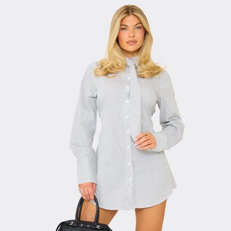 Long Sleeve Tie Detail Shirt Dress In Black Pinstripe, Women's Size