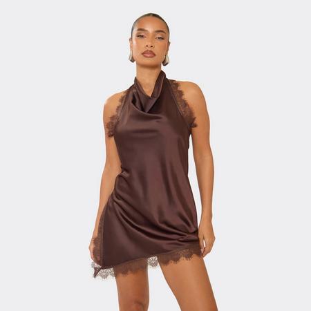 Cowl Neck Lace Trim Asymmetric Hem Mini Dress In Chocolate Brown, Women's Size