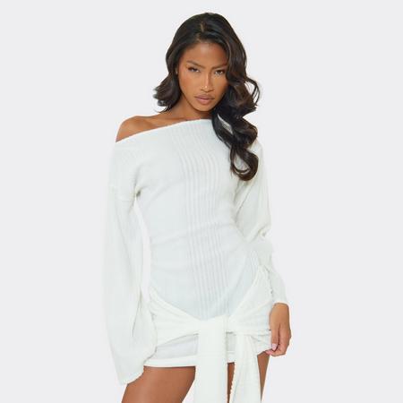 Flared Sleeve Mid Waist Wrap Detail Mini Dress In Cream Rib, Women's Size