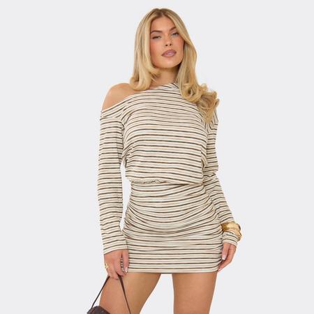 Long Sleeve Asymmetric Neck Slouchy Detail Mini Dress In Cream Stripe, Women's Size