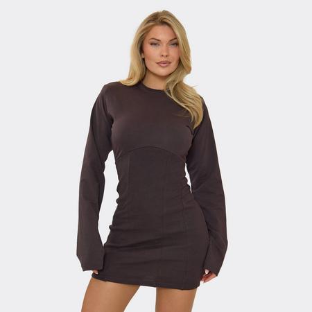 Flared Sleeve Corset Detail Shirt Dress In Chocolate Brown, Women's Size