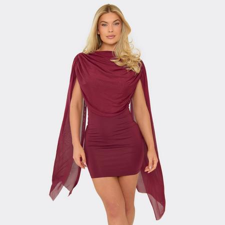 Mesh Cape Overlay Ruched Detail Mini Dress In Burgundy, Women's Size