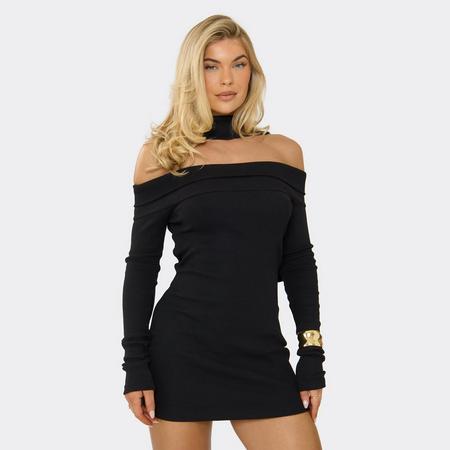 Bardot Scarf Detail Mini Dress In Black Rib, Women's Size
