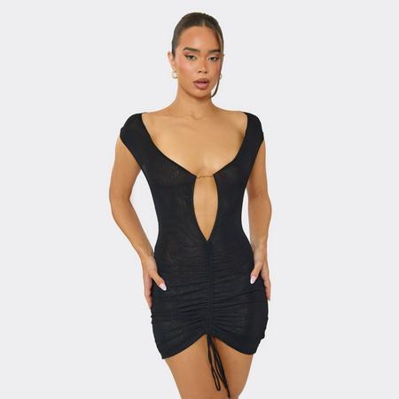 Off The Shoulder Cut Out Ruched Gold Trim Detail Mini Dress In Black, Women's Size