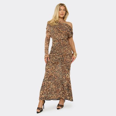 One Sleeve Off The Shoulder Cowl Back Maxi Dress In Cheetah Print Mesh, Women's Size