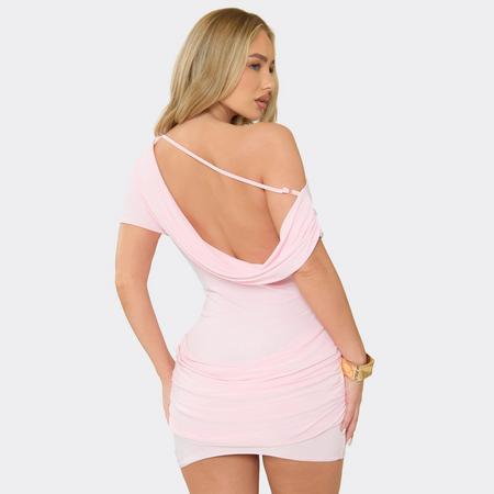 Off The Shoulder Cowl Back Draped Detail Mini Dress In Baby Pink, Women's Size