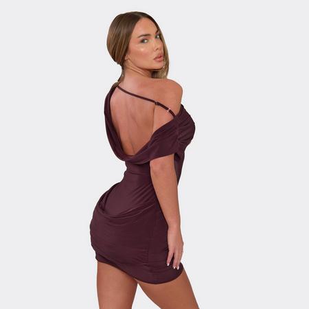 Off The Shoulder Cowl Back Draped Detail Mini Dress In Chocolate Brown, Women's Size
